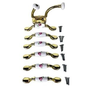 VTG Victorian Shiny Gold Brass Rose Painted Porcelain 6 Drawer Pulls & Wall Hook